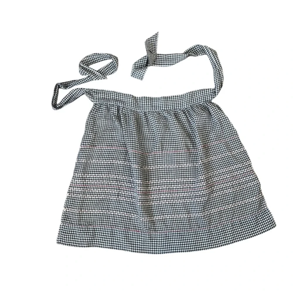 Vintage Handmade Black White Gingham Smocked Half Apron Red Trim Retro 50s Style